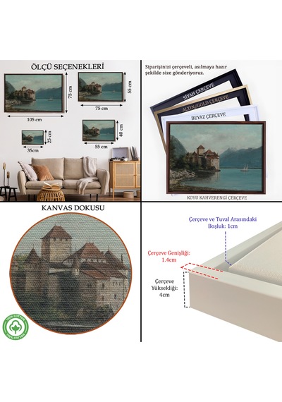 Ahşap Çerçeveli Gustave Courbet - Cenevre Gölü'ndeki Chillon Kalesi Tablo-7094