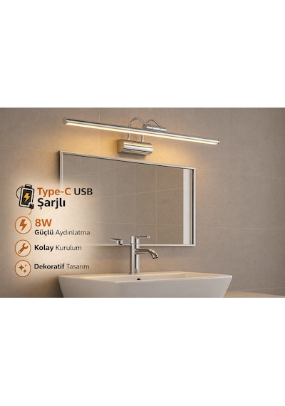 Sarjlı Led Flüt Resim Aplik 8w 3200k Gün Işığı 50cm Duvar Tipi Ayna/tablo Üstü Dekoratif Işık Ip20 Iç Mekan Kullanım Krom