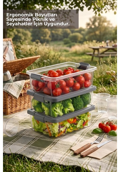3'lü Set 1,5lt. Decobox Çok Amaçlı Saklama Kabı - Piknik Taşıma Seti - 1,5lt. Antrasit