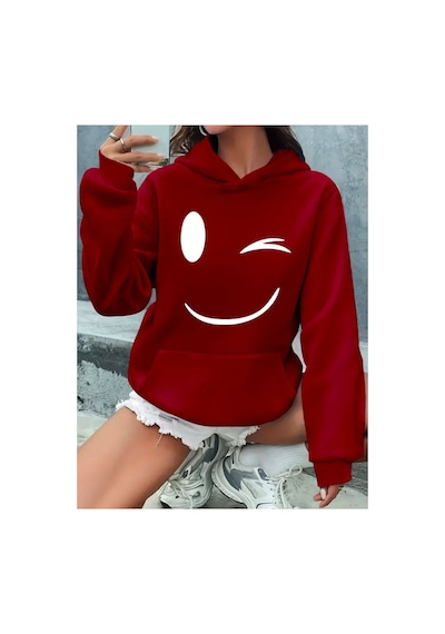 Medinenur Gülen Emojili Baskılı Kapüşonlu Sweatshirt Kırmızı