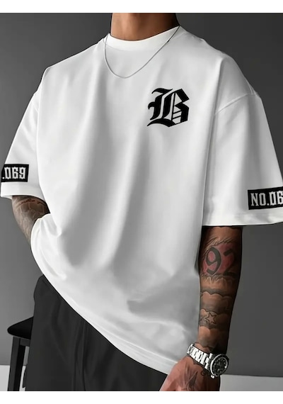 Modi Baskılı Oversize Bisiklet Yaka T-shirt - Beyaz - Mymg158903