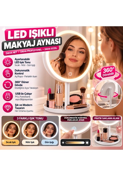 Led Işıklı Yuvarlak Makyaj Aynası Dokunmatik Ayarlanabilir Işık Tonlu, 360 Döner Masaüstü Profesyonel Makyaj Ve Cilt Bakım Aynası 15x25cm Led Işıklı Yuvarlak Makyaj Aynası Dokunmatik Ayarlanabilir Işık Tonlu, 360 Döner Masaüstü Profesyonel Makyaj Ve Cilt Bakım Aynası 15x25cm