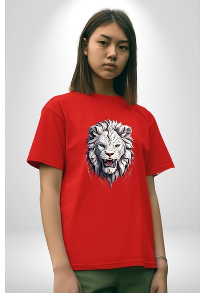 Beyaz Kaplan Kükreme Pamuklu Bisiklet Yaka Unisex Oversize Boyfriend Dijital Baskılı Kırmızı T-shirt Kırmızı