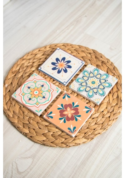 Doğal Taş Bardak Altlığı 4'lü Set 10x10x1 Cm Doğaltaş Çok Renkli