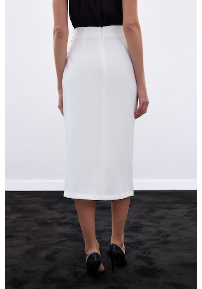 Sateen Düğme Detaylı Kalem Etek - Ekru-136778 Ekru
