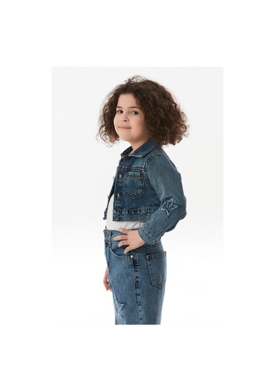 Fullamoda Yıldız Nakışlı Kız Çocuk Crop Kot Ceket 25mcck3664217547-mavi Mavi