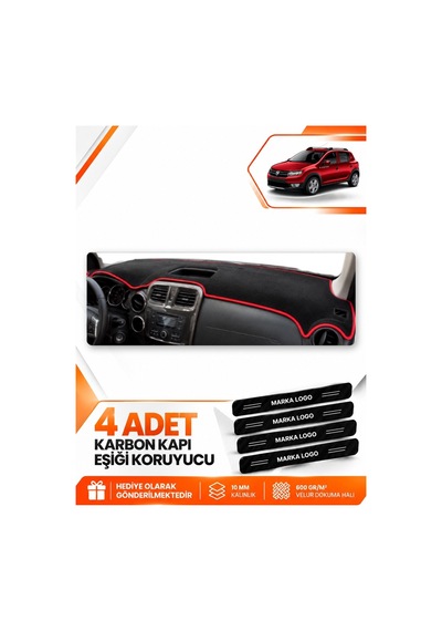 Dacıa Sandero Stepway 2015-2021 Uyumlu Ön Torpido Koruma Kılıfı Örtüsü - Siyah Kırmızı