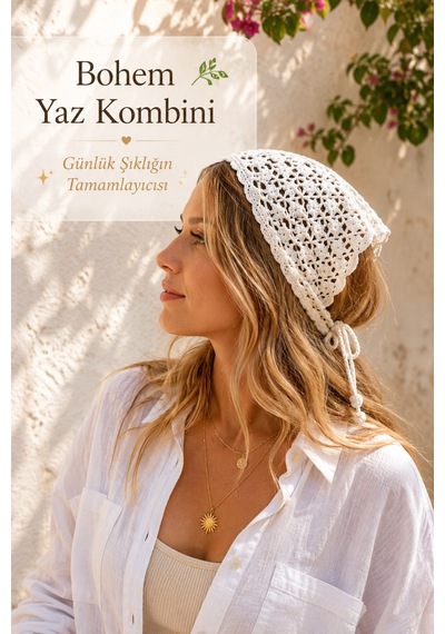 El Örgüsü Saç Bandanası Bohem Bone Yazlık Kombin Bandana Saç Aksesuarı Beyaz 87106486