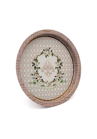 Rosy Desenli Yuvarlak Metal Tepsi, 31.5 Cm