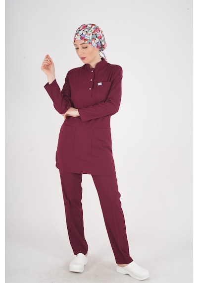 Bordo Renk Sakura Model Tesettür Doktor Hemşire Scrubs Üniforma Takımı Bordo