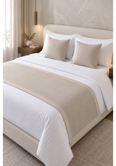 Varol 70x250 Yatak Şalı Runner Ve 2 Adet 45x45 Kırlent Seti Otel Konsept Lüx Dekoratif Set Krem