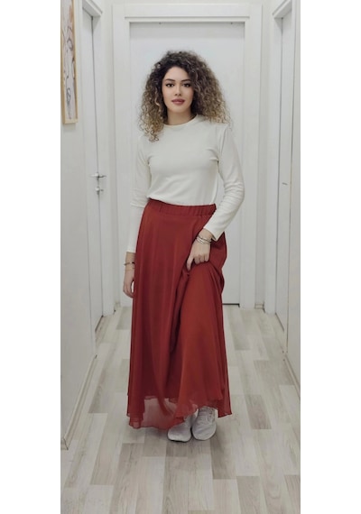 Lodmela Bel Lastikli Kloş Şifon Etek 6003-kiremit Kiremit