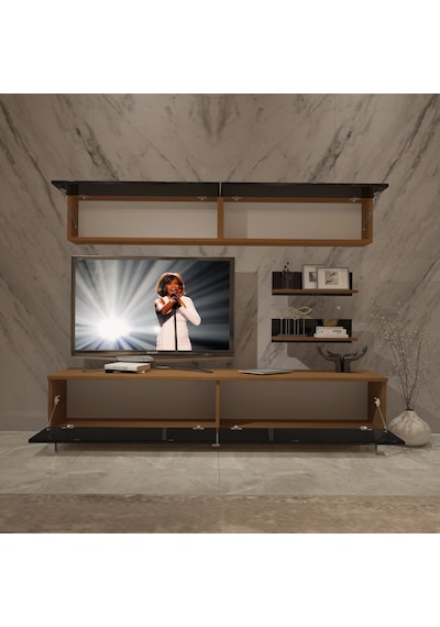 Decoraktiv Eko 5 Mdf Std Krom Ayaklı Tv Ünitesi Tv Sehpası Ceviz - Siyah