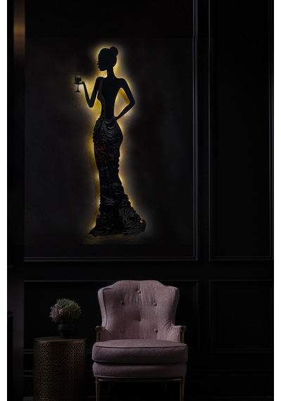 Yarım Aynalı Işıklı Kadeh Tutan Kadın Temalı Tablo Bloom Dekoratif Gece Lambası Sarı - 742967944 Sarı