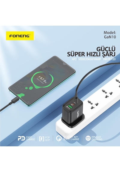 Foneng Gan10 Gan 65w 2x Type-C - 1x USB 3 Girişli Hızlı Şarj Aleti