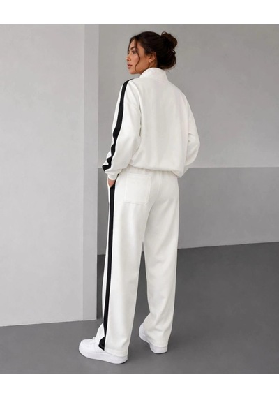 Freedom Store Kadın Scuba Kumaş Oversize Şerit Detaylı Fermuarlı Alt Üst Eşofman Takımı - Beyaz