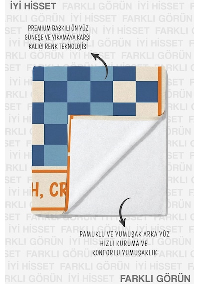 Yengeç Temalı Marine Plaj Havlusu - Mavi Turuncu Ekose Modern Hızlı Kuruyan Mikrofiber Havlu Sakin Şakayık