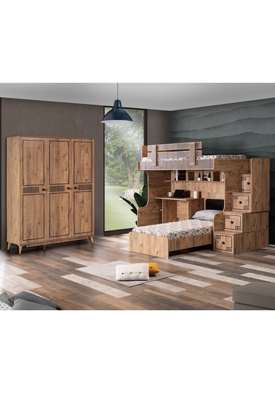 Setaymobilya Ranza, Natural Ranza Karyola Çalışma Masası Dolap+2 Comfort Yatak