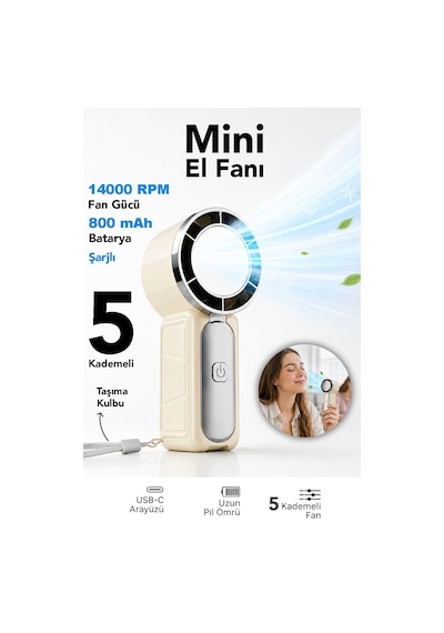 Mini El Fanı Taşınabilir 800mah Usb Sarjlı Soğutucu 5 Kademeli Mini Vanitalatör