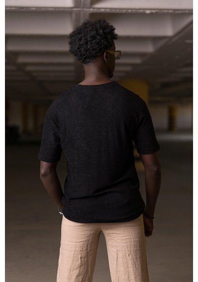 Bisiklet Yaka Havlu Kumaş Yarı Oversize Hafif Geniş Model T-Shirt Siyah