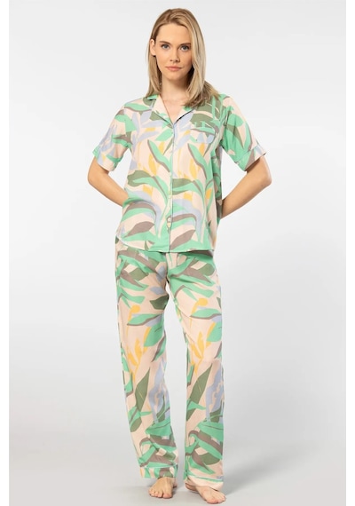 Türen 3604 Kadın Kısa Kollu Dokuma Gömlek Pijama Takım-yeşil YESIL