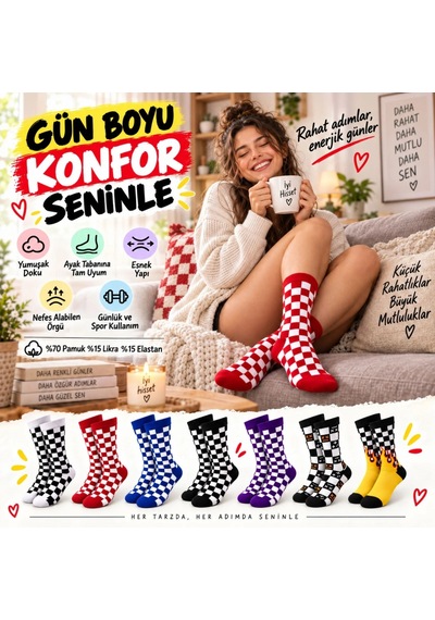 Storeşahin Unisex Çorap Dama Desenli Renkli 7'li Set Kareli Alev Desen Uzun Soket Günlük Spor Çorabı Shn0720 Çok  Renkli