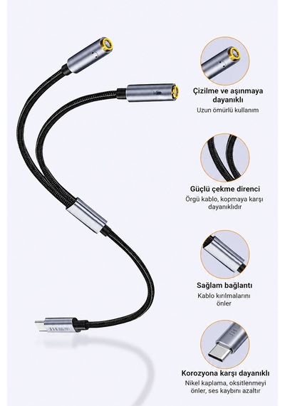 Type-c - Çift 3.5mm Kulaklık Mikrofon Dönüştürücü, Ses Ayırıcı Adaptör, Type-c Telefon Tablet Bilgisayar Uyumlu, Mikrofon Ve Kulaklık İçin Tak Çalıştır Aux Çevirici A563c