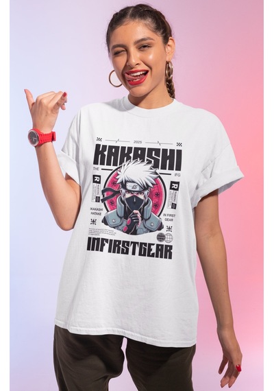 Ikakashi Hatake Anime Karakter Baskılı Unisex Oversize Kakashi In Beyaz
