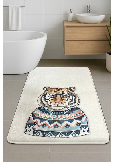 Logwe Ekru Tekli Nakışlı Banyo Paspası ,kaymaz Tabanlı 60x100cm Ekru-tekli