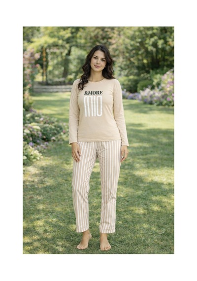 Rindahomewear Kadın Cizgili Baskılı Süprem Pijama Takımı Somon1