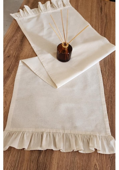 Naturel 2-kenar Fırfırlı Runner Örtü Ham Keten Vintage Bej 40x110