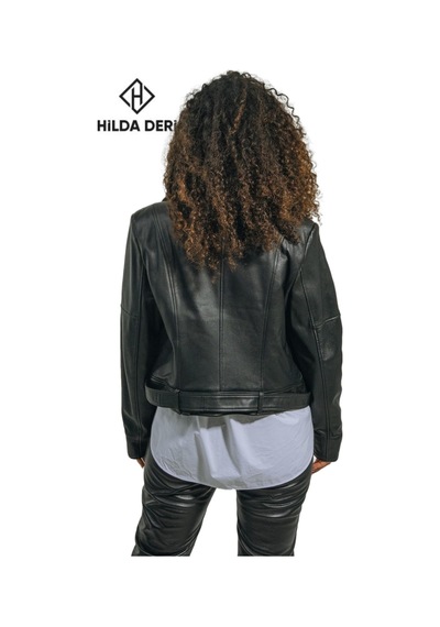Hilda Deri Emery Biker Tarzı Siyah Oversize Hakiki Kuzu Derisi Kadın Ceket 001