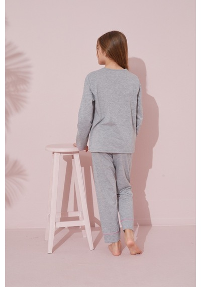 Siyah İnci Baskılı Pamuklu Örme Pijama Takım 24241095 Gri