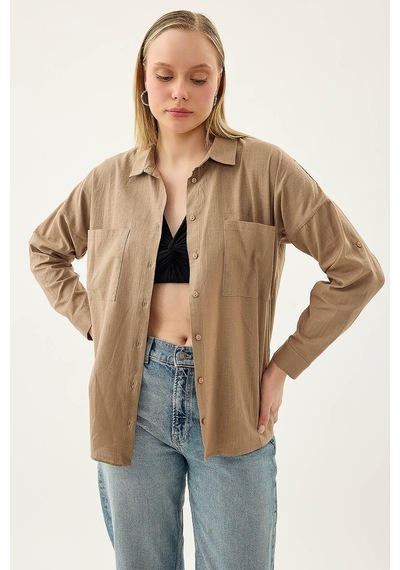 Vitrin Basic Oversize Önden Cepli Gömlek VİZON