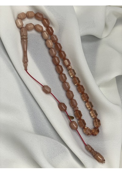 Ayhan Turan İmzalı El Boy Kapsül Somon Pembesi Sıkma Kehribar Tesbih 7x10 Mm Pembe