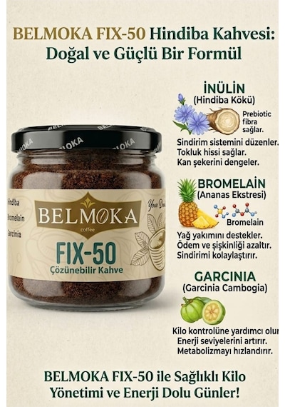 Belmoka Fıx-50 Bromelain ve Garcinia Katkılı Hindiba Kahvesi 120 G
