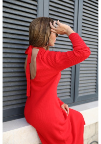 Butik İstanbul Kadın Uzun Kollu Yarı Balıkçı Yaka Arkadan Pencere Detaylı Bağcıklı Midi Triko Elbise Kırmızı Butik İstanbul Kadın Uzun Kollu Yarı Balıkçı Yaka Arkadan Pencere Detaylı Bağcıklı Midi Triko Elbise Kırmızı