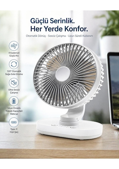 Masaüstü Vantilatör 120 Otomatik Döner Başlık 4 Kademeli Hız Sessiz Mini Fan, Taşınabilir, Uzun Süre Kullanım, Ofis & Ev İçin