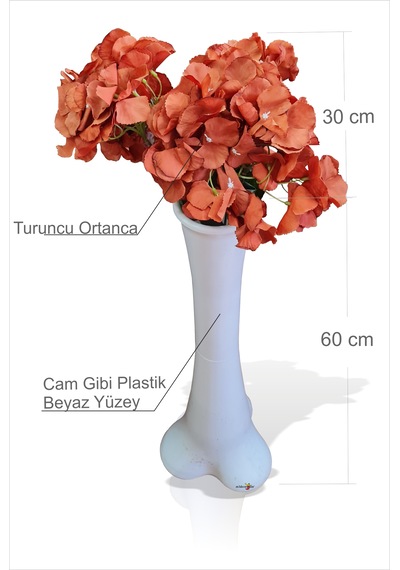 Büyük Turuncu Ortanca 60cm Kırılmaz İnce Belli Dengeli Beyaz Vazo