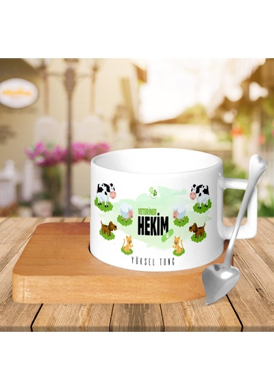 Kişiye Özel Mesleki Veteriner Hekim Ahşap Altlıklı Seramik Fincan