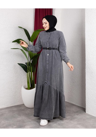 Hb Harma Time Butik Kadın Düğmeli Kuşaklı Denim Koyu Gri Kot Elbise