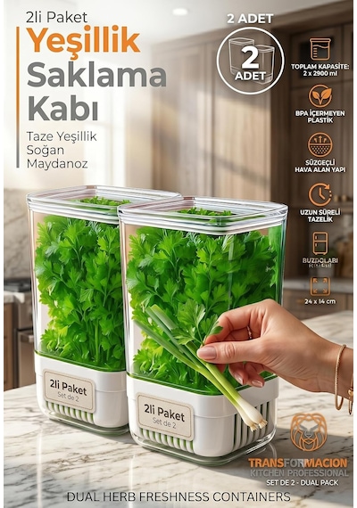 Yeşillik Saklama Kabı - Taze Yeşillik İçin - Soğan Maydanoz Vb Yeşillik Saklama 2 Li Set 721957 Diğer