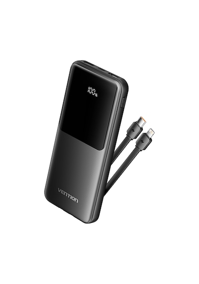 Vention 10000mah 22.5w Powerbank Micro-usb + Usb-c + 2xusb-a Dahili Usb-c Ve Lightning Kablolu Led Ekranlı Siyah