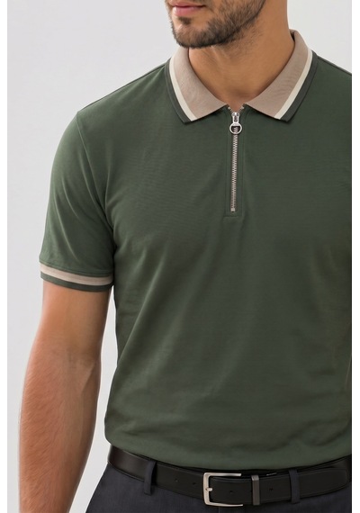 Tudors Erkek Slim Fit Dar Kesim %100 Pamuk Kısa Kollu Yarım Fermuarlı Yeşil Polo Yaka Tişört-50745