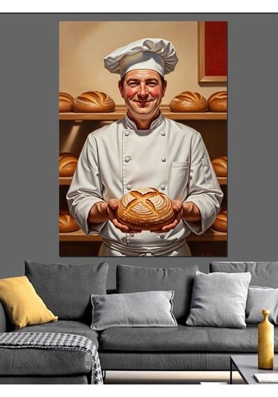 Ahşap Tablo Beyaz Aşçı Ekmek Tutuyor