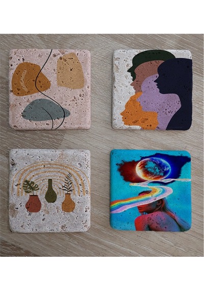 Tasarım Figür Line Art Ve Objeler Doğal Taş Bardak Altlığı 4'lü Set - Natural Stone Coasters - Taş Beyaz