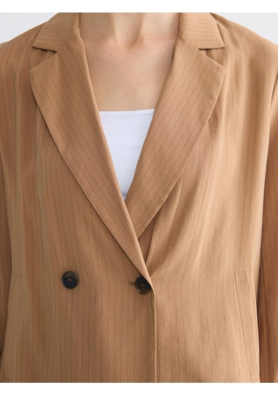 Lcw Everyday Bej Kruvaze Yaka Çizgili Kadın Blazer Ceket