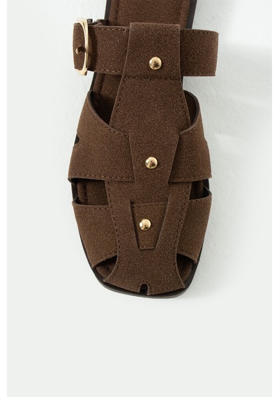 Duxal Shoes Fabian Kadın Camel Süet Kafesli Sandalet Terlik Toka Detaylı Acıkahve