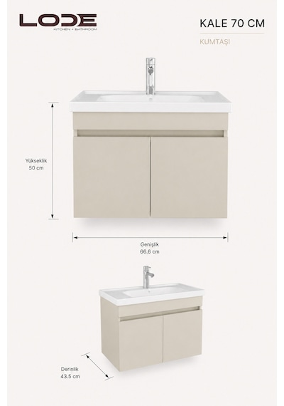 Lode Bath Kale Demonte Lavabolu Alt Banyo Dolabı, Seramik Lavabo Dahil 70 Cm Kumtaşı