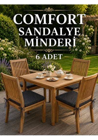 Comfort 6 Adet Sandalye Minderi Bağcıklı Özel Dikişli Süngerli Pamuklu Kumaş Sandalye Minderi Puanlı Siyah